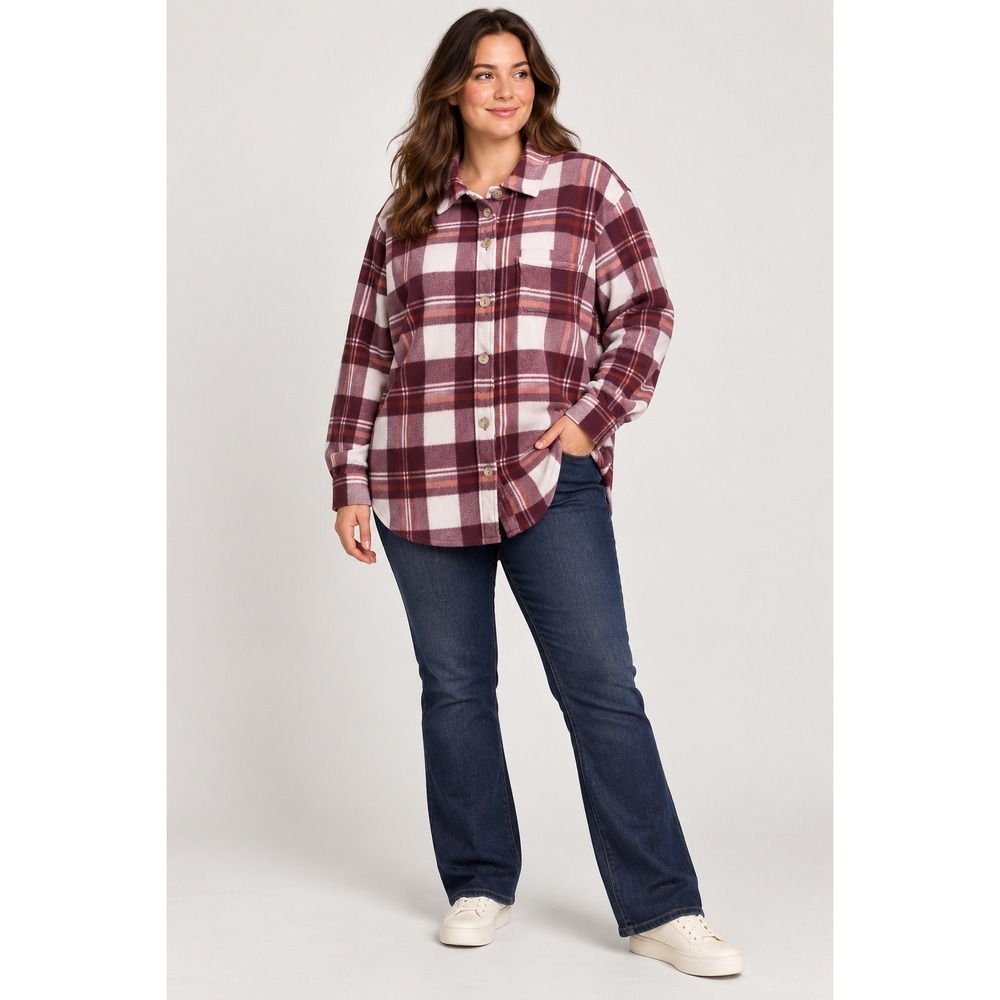 Eddie Bauer Womens XL Microfleece Plaid Button Up Shirt Maroon White 1724429